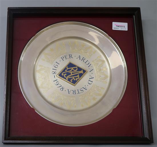 An RAF Diamond Jubilee silver salver, in box frame, with certificate.